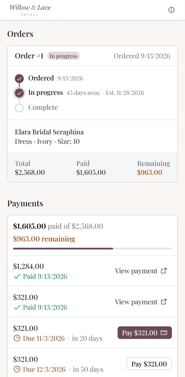 An order's progress in the client portal on a phone