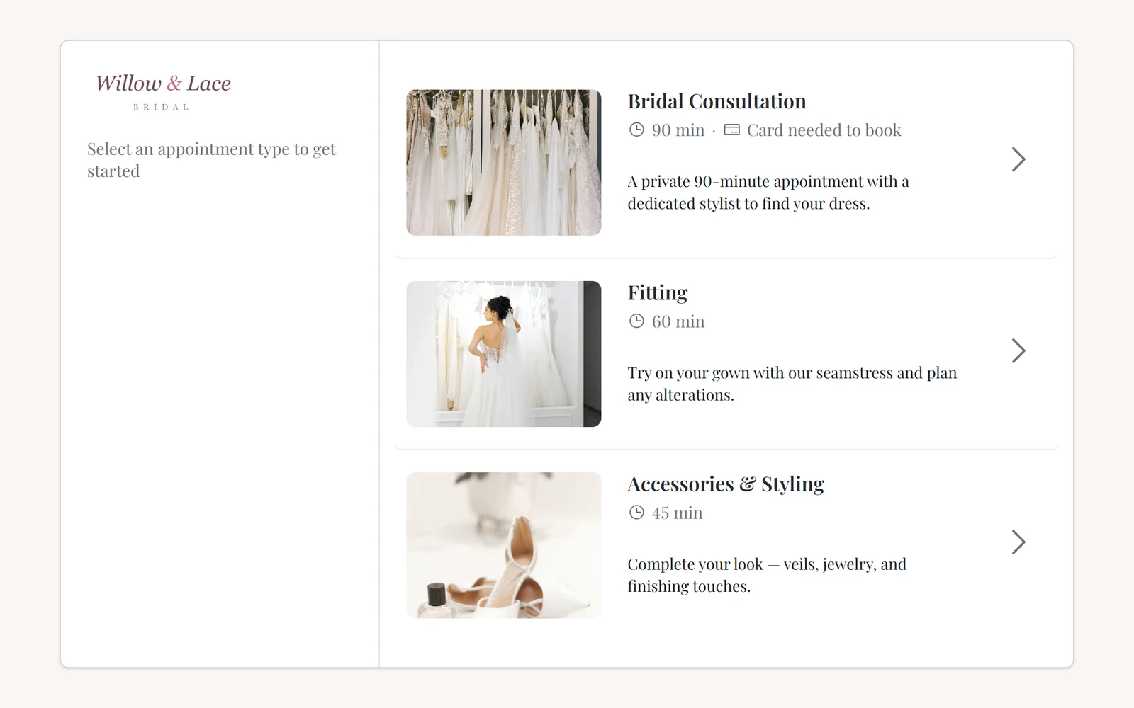 The booking page, listing appointment types