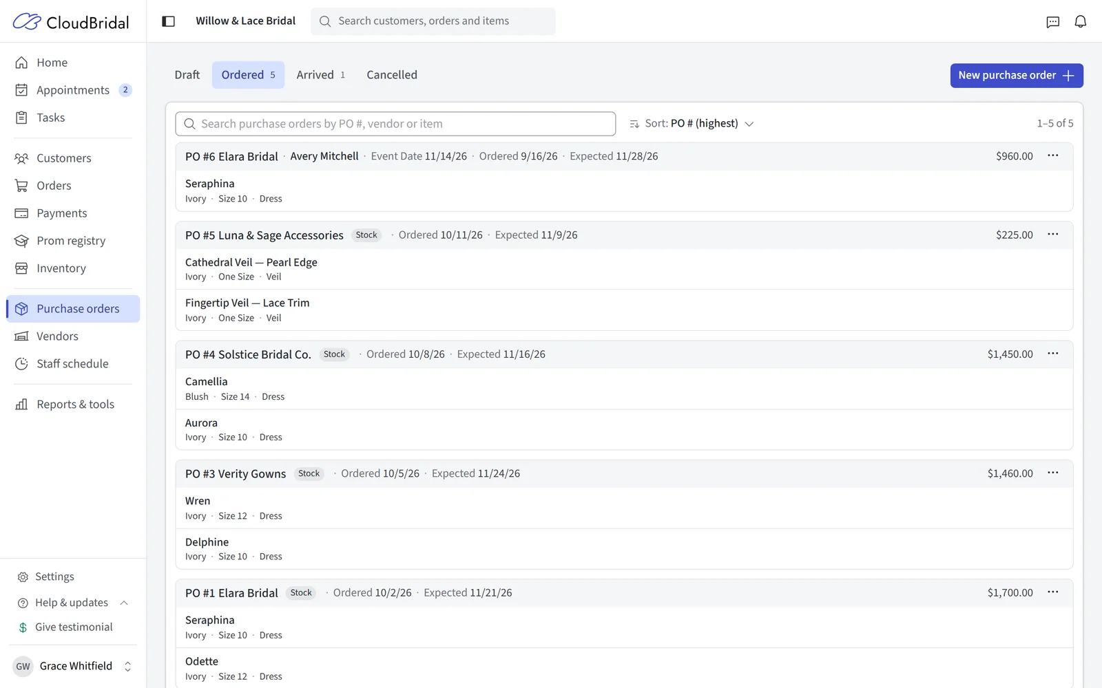 The Purchase orders page, on the Ordered tab