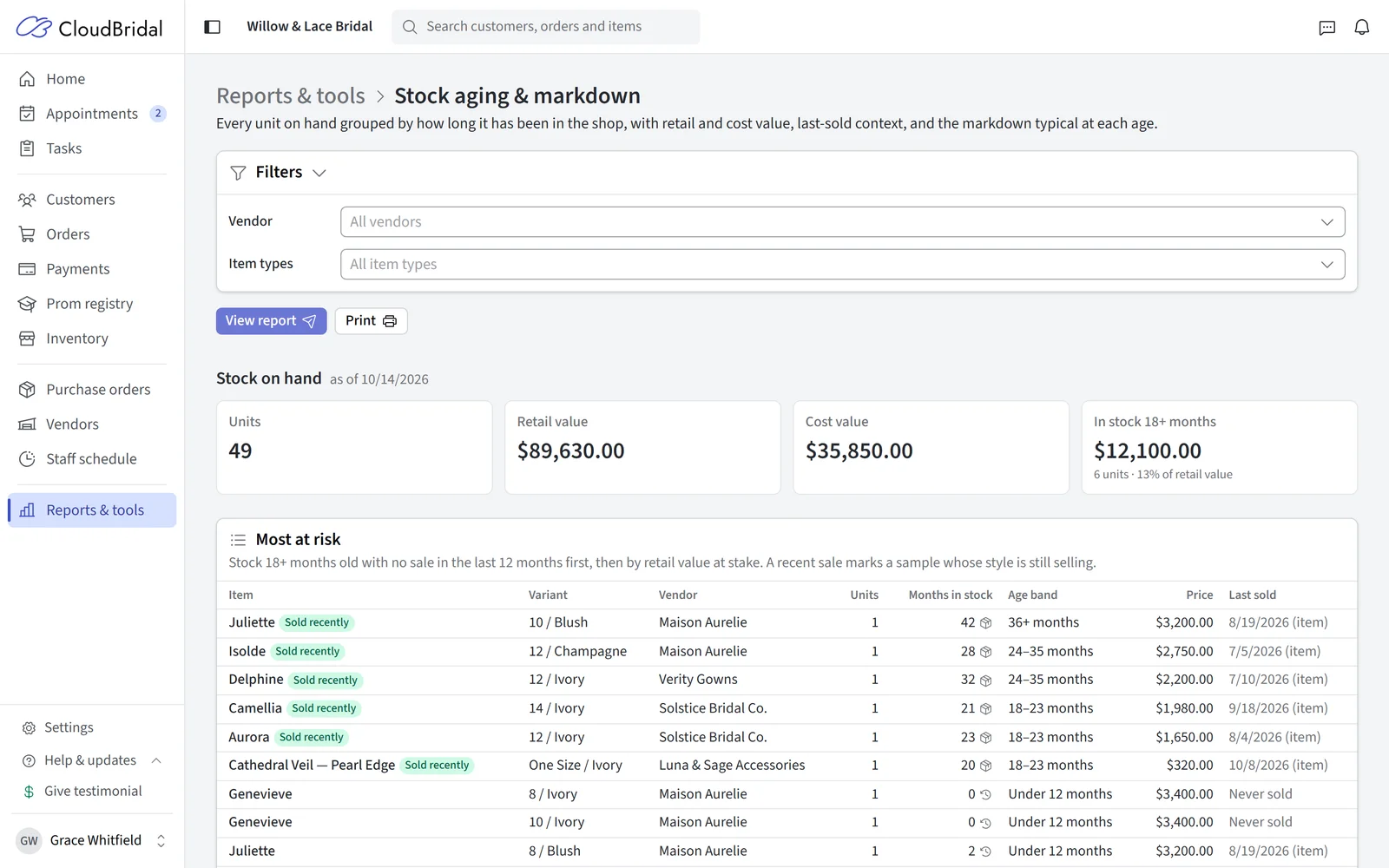 The Stock aging & markdown report