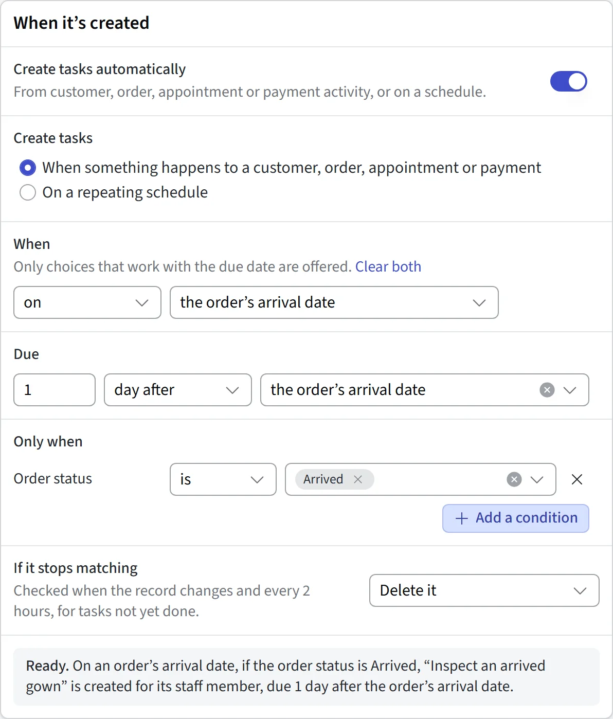 A template that creates a task when an order arrives