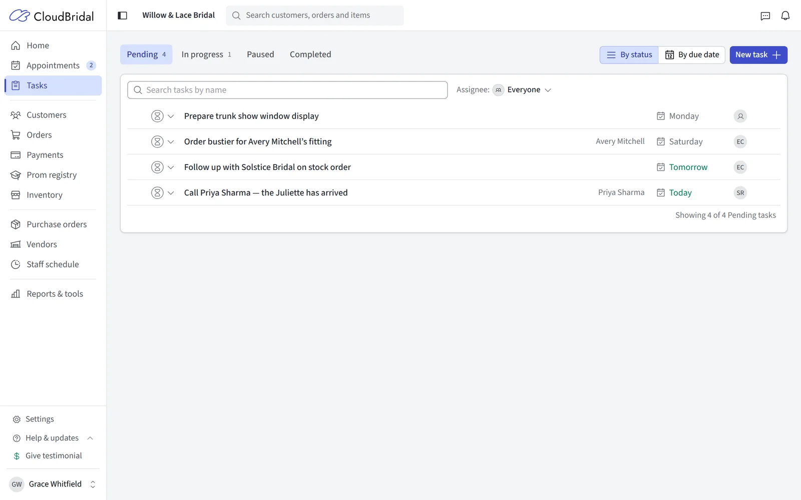 The Tasks page, by status