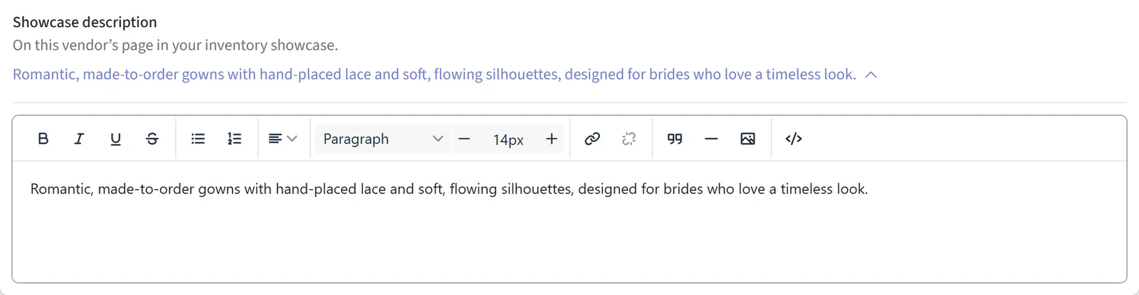 A vendor's showcase description